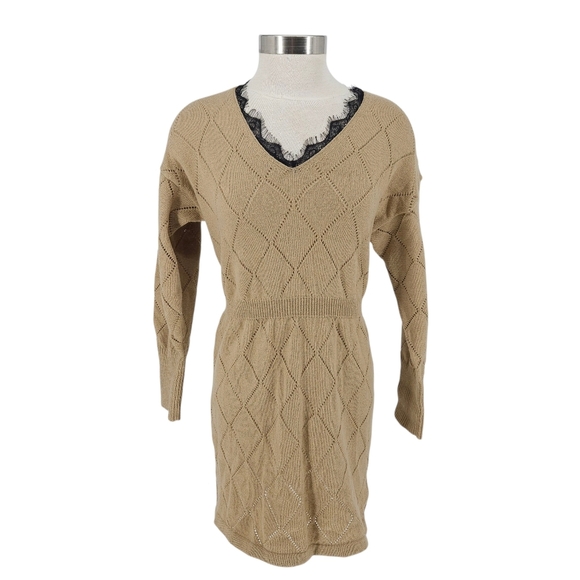 Cupshe Blouson Sweater Dress Tan Long Sleeve Pointelle Knit Lace V Neck Medium - Picture 1 of 8